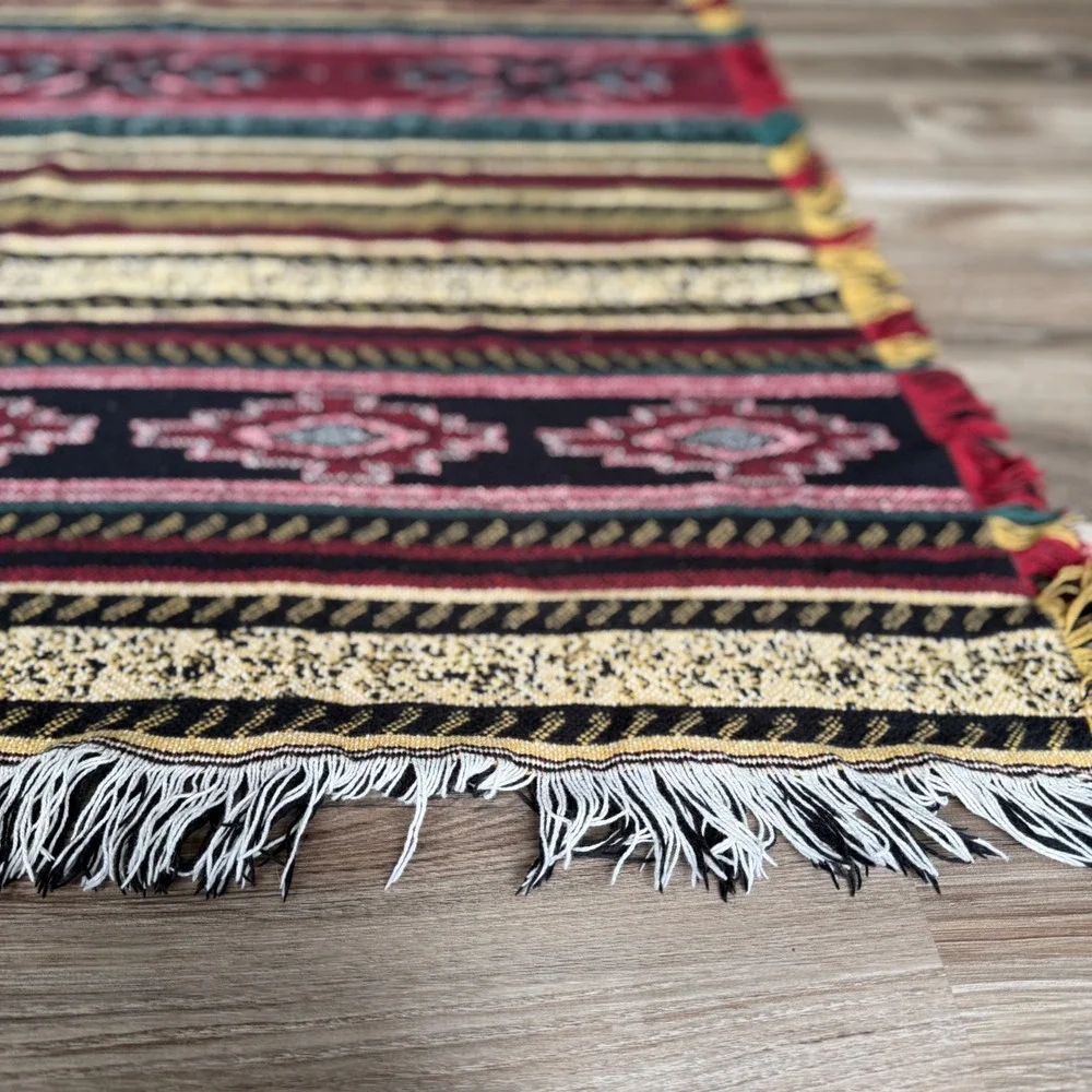 Vintage Southwestern Woven Throw Blanket Geometric Tribal Fringed 47x63
